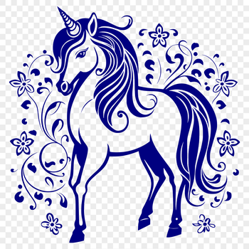 An ornate illustration of a mythical unicorn from a fairy tale, rendered in vector art format.