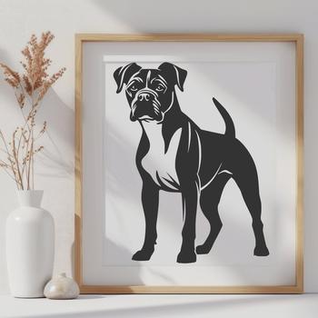 A full-body illustration of a standing dog breed with short coat, known as a Boxer.