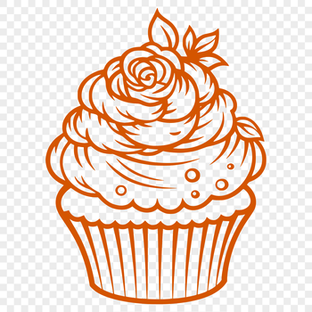A digital illustration of a single serving cupcake with frosting and decorations.