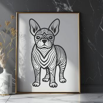 A standing portrait illustration of a full-body Boston Terrier dog breed.