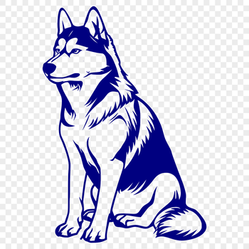 A detailed, scalable graphic of a seated husky animal for use in various designs and projects.
