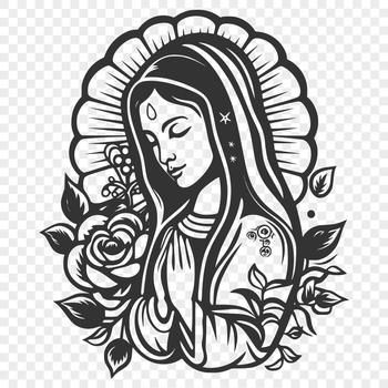 Ornate illustration of the Virgin Mary surrounded by floral motifs and details inspired by traditional religious art.