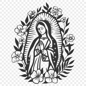 A detailed illustration of the Virgin Mary surrounded by ornate floral patterns in a traditional religious style.
