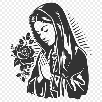 A stylized illustration of the Virgin Mary with ornate floral patterns, suitable for religious designs.