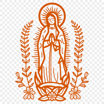 A detailed, ornate illustration of the Virgin Mary in full body, surrounded by floral motifs.