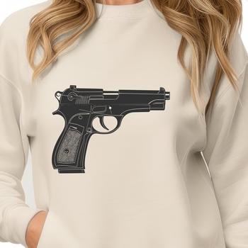 A simple illustration of a pistol with clean lines and basic design elements.