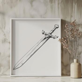 A detailed illustration of a medieval-style sword with a handle and blade.