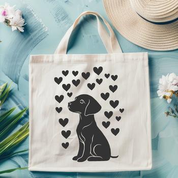 A full-body illustration of a sitting Weimaraner dog with decorative love hearts.