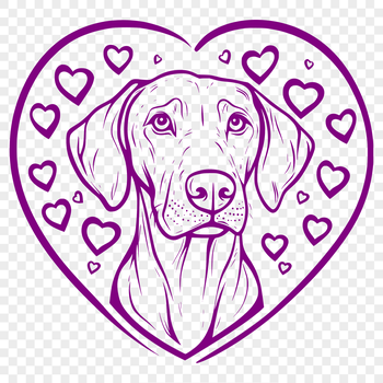 A Weimaraner breed dog illustration with decorative heart accents.