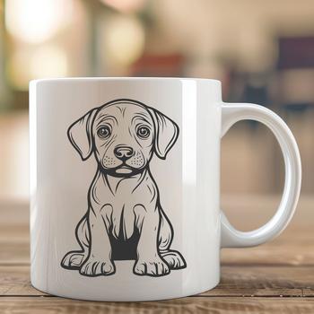 A full-body illustration of a Weimaraner breed dog sitting on its haunches.