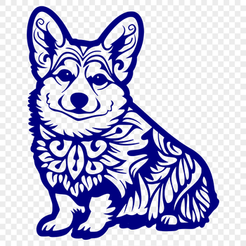 A full-body illustration of a Welsh Corgi sitting in an ornate pose.