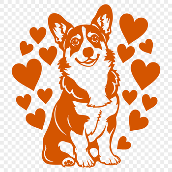 A full-body illustration of a sitting Welsh Corgi with love hearts incorporated into the design.