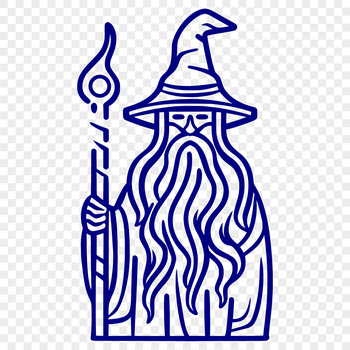 A stylized line drawing of a wizard in a fantasy setting.