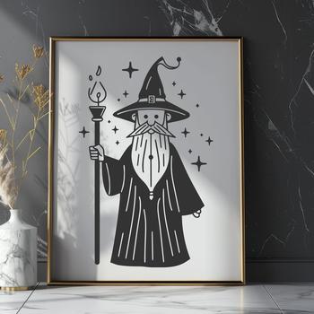 A illustration of a wizard character in a fantasy setting.