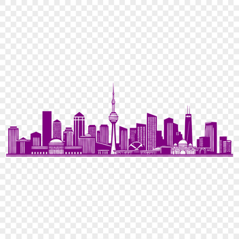 A detailed illustration of a city skyline with tall skyscrapers and busy streets.