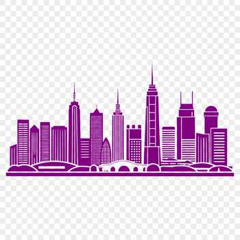 Illustrative city skyline with buildings and skyscrapers.