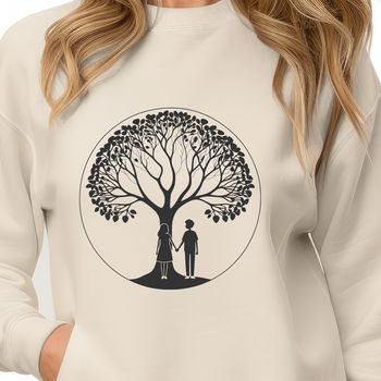 Illustration of intertwined lovers under a lush tree, symbolizing love and partnership.