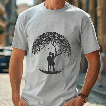 Illustration of two lovers embracing under the branches of a tree.