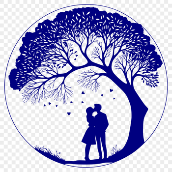 A stylized illustration of a tree with intertwined lovers embracing each other, symbolizing love and connection.