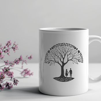 A stylized illustration of intertwined tree branches forming a heart shape, symbolizing eternal love.