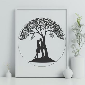 A stylized illustration of a tree with intertwined branches, symbolizing love and partnership.