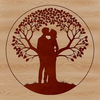 An ornate vector graphic design featuring a pair embracing under the boughs of a lush tree.