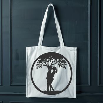 A minimalist illustration of a tree with intertwined branches, symbolizing the union of two lovers in a romantic gesture.