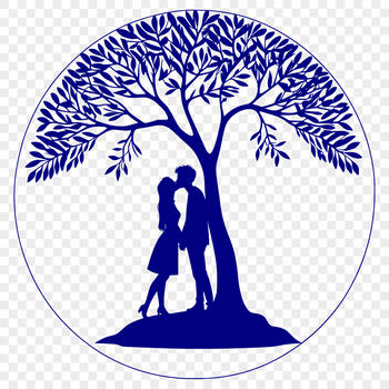 A stylized illustration of two people embracing under a tree, symbolizing love and togetherness.