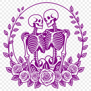 Vector illustration of a floral-adorned skeleton couple in a romantic pose, suitable for Valentine's Day designs.