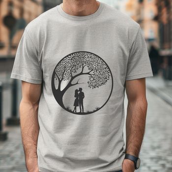 An ornate vector design featuring a pair embracing under a lush tree canopy, ideal for use in graphic designs and crafts.