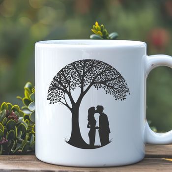 A stylized illustration of two figures embracing under the branches of a tree, symbolizing love and affection.