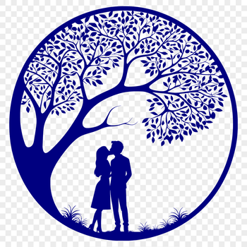 A stylized illustration of a tree embracing a couple in a romantic gesture.