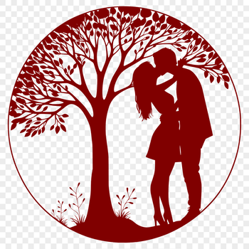 An ornate depiction of a tree with a heart-shaped trunk, representing the union of two lovers in nature.