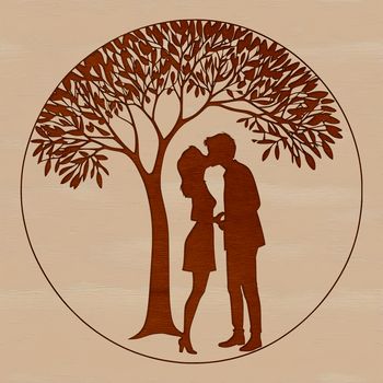 A stylized illustration of intertwined lovers standing under a tree, symbolizing romance and love.