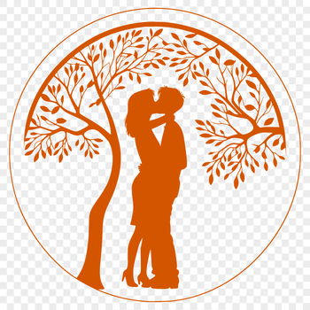 A stylized illustration of two people embracing under a tree, symbolizing love and romance.