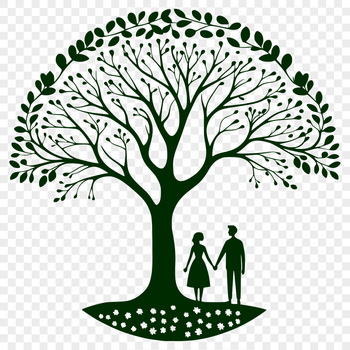 An artistic vector representation of a tree embracing two lovers in a romantic gesture.