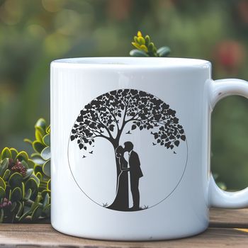 A stylized illustration of a tree with intertwined lovers, symbolizing love and unity.