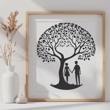 A detailed illustration of an intertwined tree with two lovers standing under its branches.