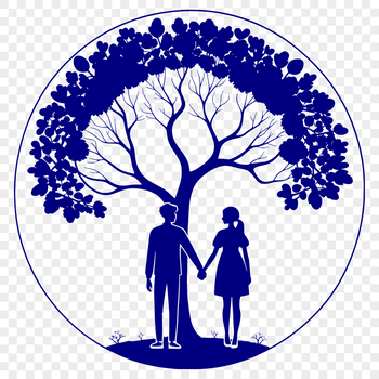 A vector design representation of a tree with two figures embracing its trunk, conveying the theme of romantic partnership.