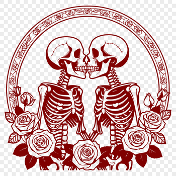Vector illustration of a pair of skeletons holding hands with intertwined rose stems on Valentine's Day.