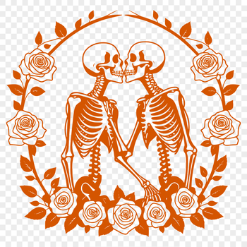 A romantic floral design featuring a pair of love skeletons surrounded by roses and foliage.