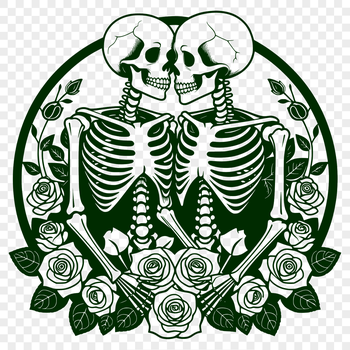 A stylized illustration of a pair of skeletons holding roses, symbolizing Valentine's Day.