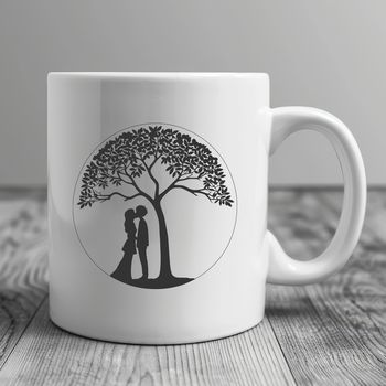 A stylized illustration of two lovers embracing under the branches of a tree, suitable for various applications.