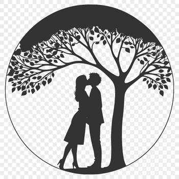 An illustration of a tree with intertwined lovers embracing in its branches, perfect for weddings and romantic occasions.