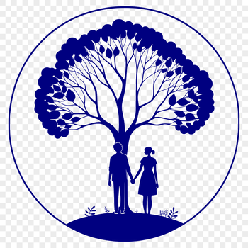 A stylized illustration of intertwined tree branches with hearts and flowers, symbolizing love and partnership.