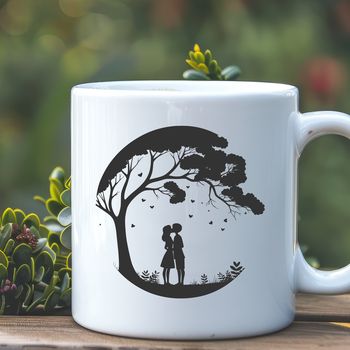 Illustration of a tree with intertwined branches and hearts, symbolizing love.
