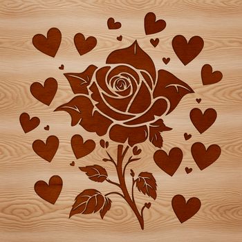 A stylized rose illustration with red love hearts embedded in the petals, suitable for Valentines Day or gardening themes.