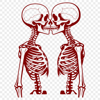 A skeleton in a heart-shaped frame, holding a bouquet, surrounded by floral patterns.