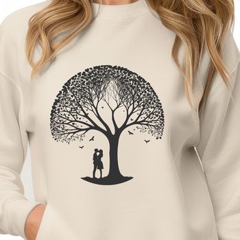 A stylized tree with intertwined branches and leaves, symbolizing love and connection.