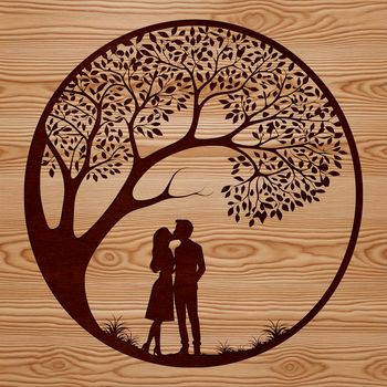 A stylized illustration of a tree with embracing lovers, suitable for Valentine's Day or wedding decorations.